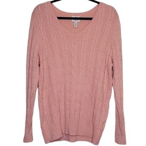 NWT St. John's Bay V-neck Long Sleeve Pink & Metallic Cable Knit Sweater